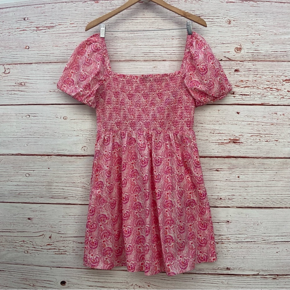 J Crew Puff Sleeve Smocked Mini Dress in Dandelion Swirl Pink/White Sz M - Picture 12 of 14